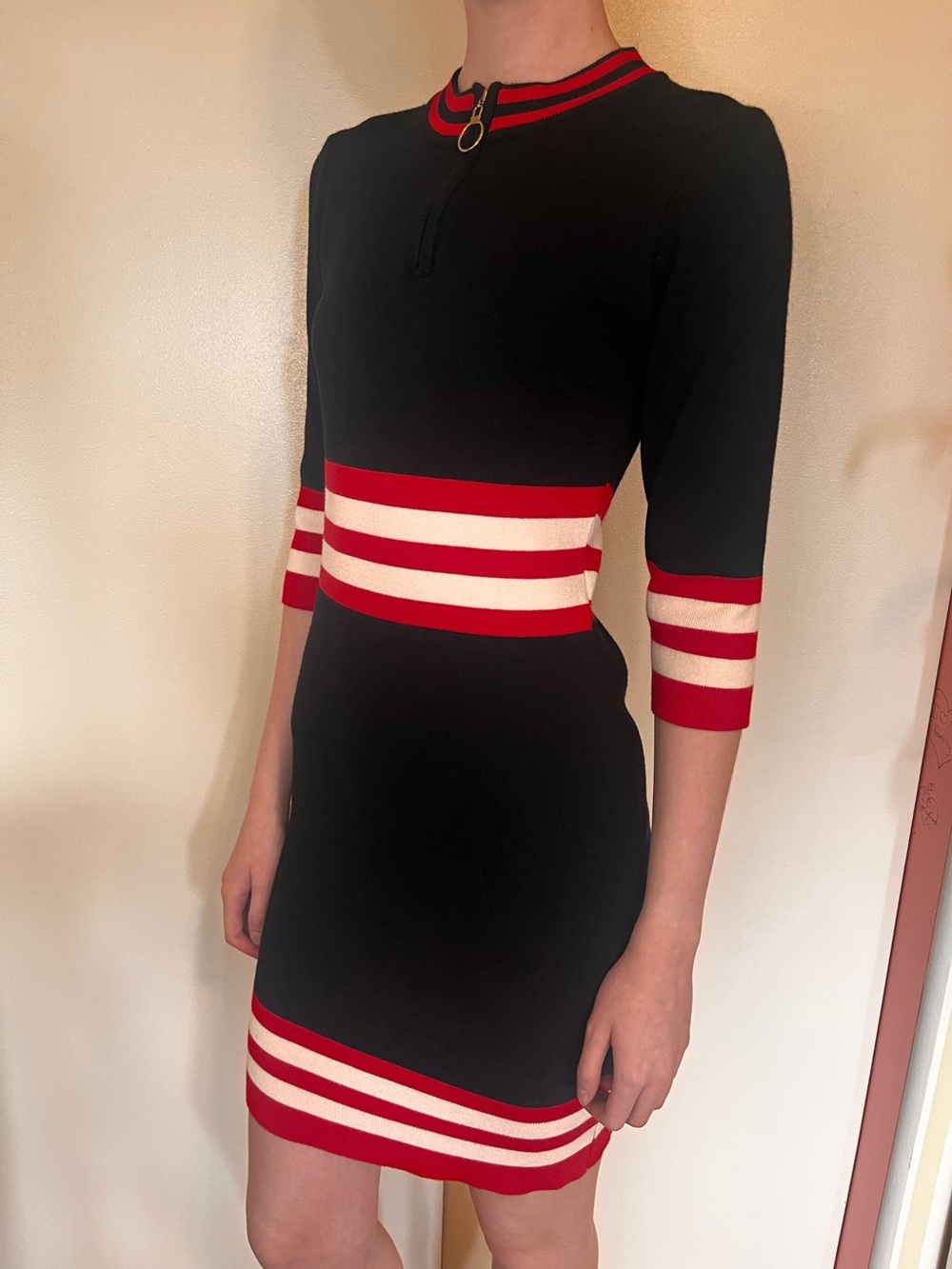 QED London Black Knit Dress with Red Stripe and Gold Zip